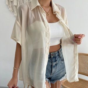 Solid Sheer Button Front Drop Shoulder Shirt W/out Cami Top